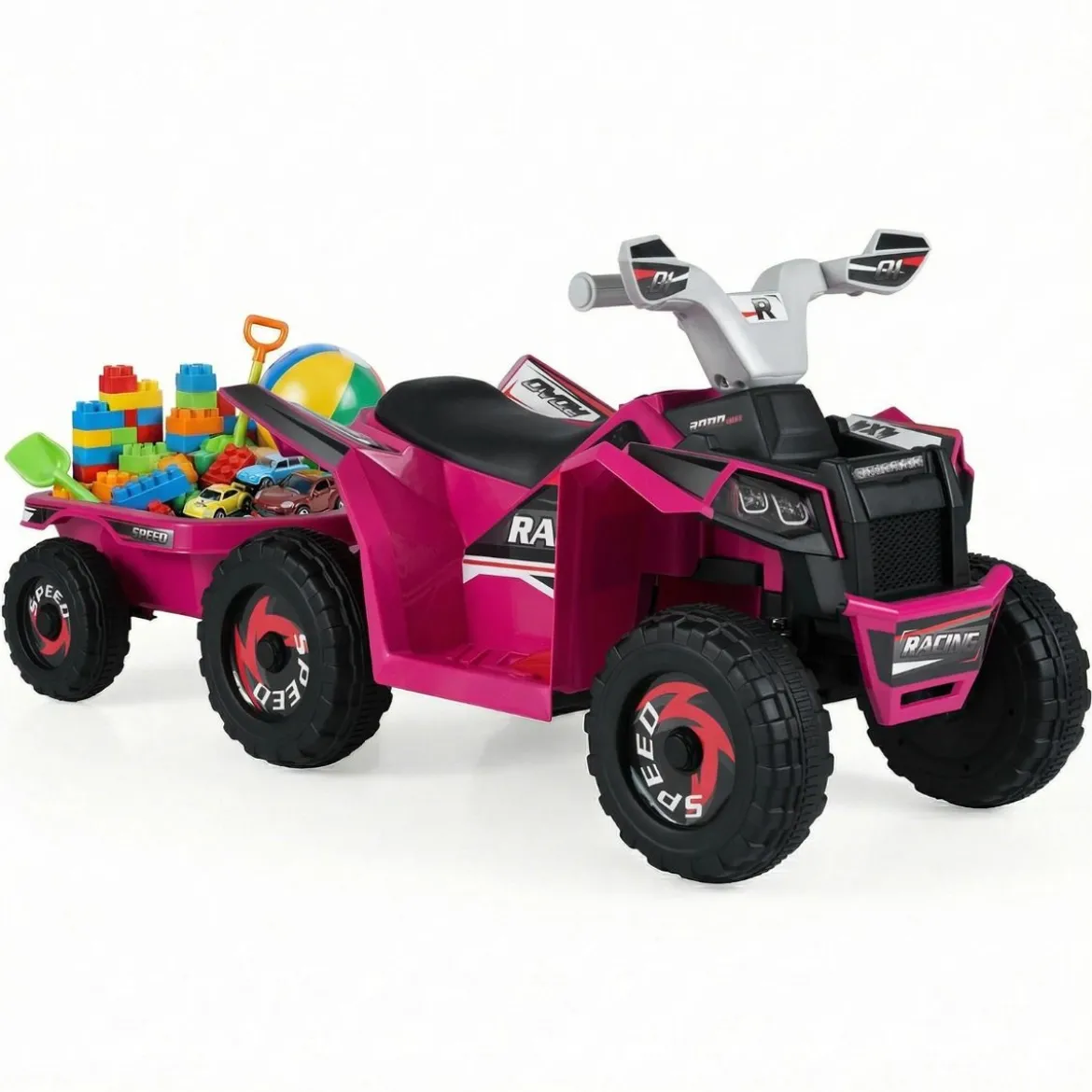 6V Kinder Elektrischer ATV mit Anhänger Elektrofahrzeug mit verschleißfesten Rädern Rosa