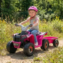 6V Kinder Elektrischer ATV mit Anhänger Elektrofahrzeug mit verschleißfesten Rädern Rosa