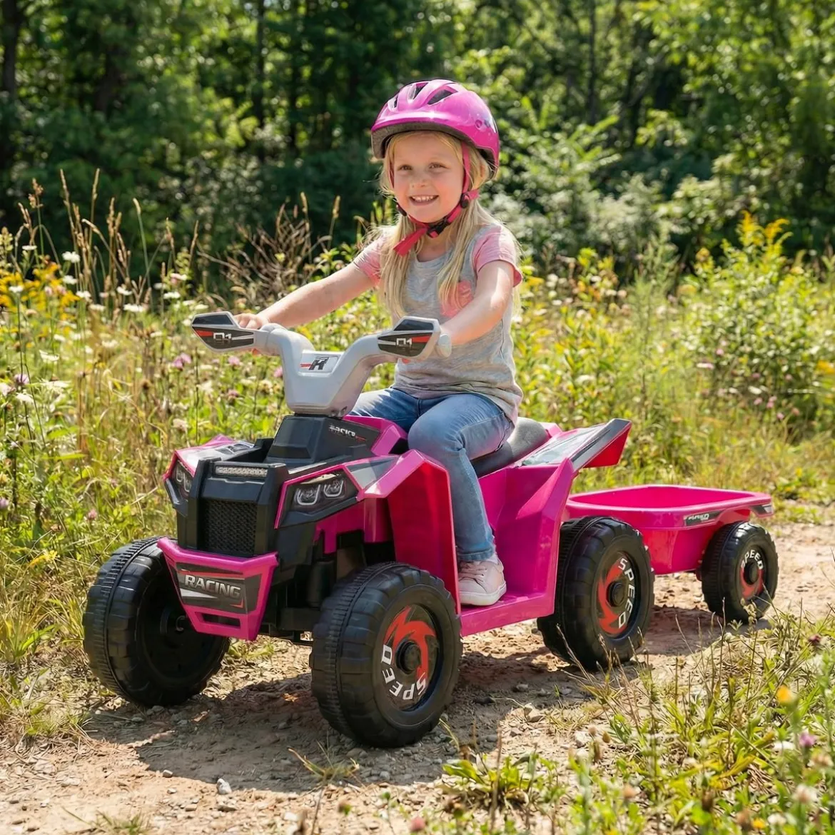 6V Kinder Elektrischer ATV mit Anhänger Elektrofahrzeug mit verschleißfesten Rädern Rosa