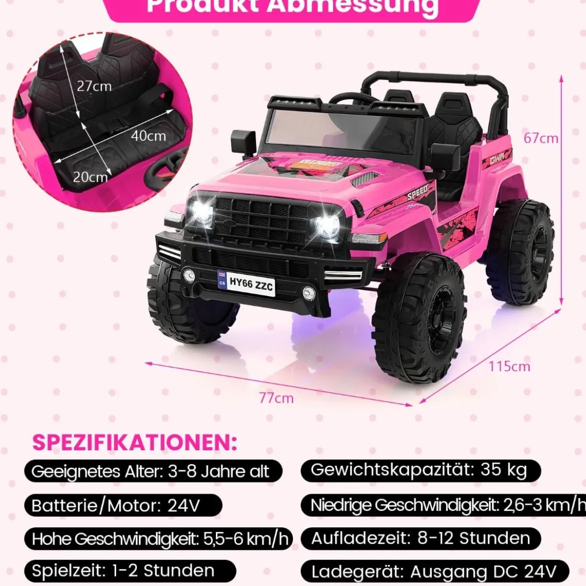 24V Kinder Elektroauto Kinderauto elektrisch 2 Sitzer 77 x 115 x 67 cm Rosa
