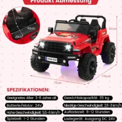 24V Kinder Elektroauto Kinderauto elektrisch 2 Sitzer 77 x 115 x 67 cm Rot
