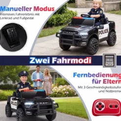 12 V Kinder Elektroauto mit Fernbedienung Blinkendem Blaulicht & Originalen Sirenengeräuschen Schwarz