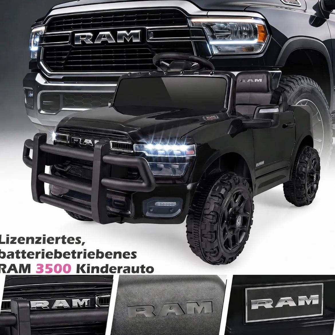12V Kinder Elektroauto RAM 3500 mit 2 25W Motoren für Kinder ab 3 Jahren 3,1-5 km/h Schwarz