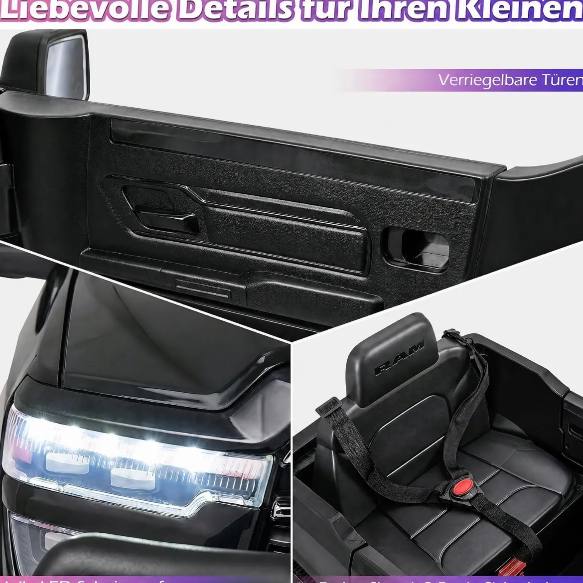 12V Kinder Elektroauto RAM 3500 mit 2 25W Motoren für Kinder ab 3 Jahren 3,1-5 km/h Schwarz