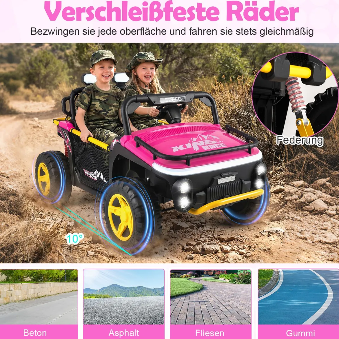 24V Kinder Elektrofahrzeug 2-Sitzer Elektroauto mit Hupe Musik & Licht Kinderfahrzeug mit Fernbedienung Rosa