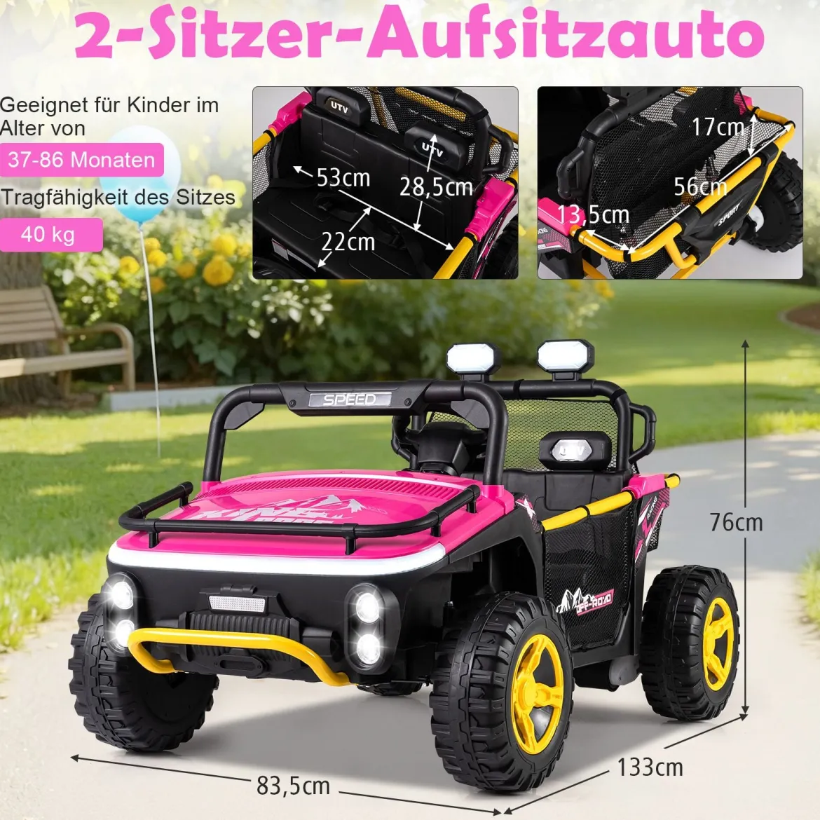 24V Kinder Elektrofahrzeug 2-Sitzer Elektroauto mit Hupe Musik & Licht Kinderfahrzeug mit Fernbedienung Rosa
