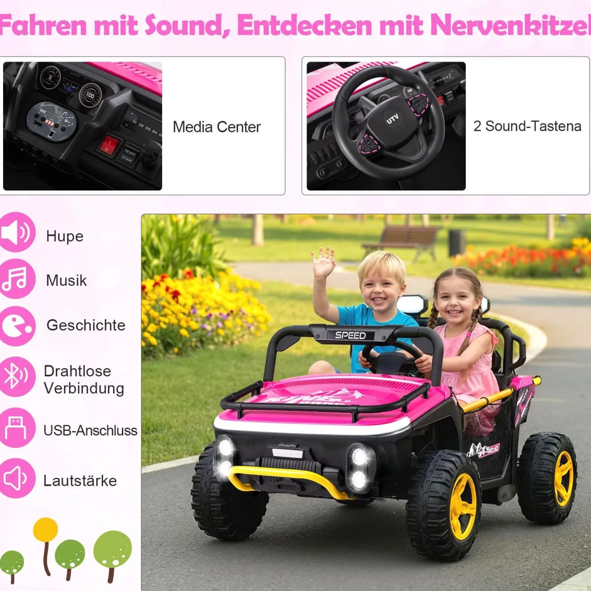 24V Kinder Elektrofahrzeug 2-Sitzer Elektroauto mit Hupe Musik & Licht Kinderfahrzeug mit Fernbedienung Rosa