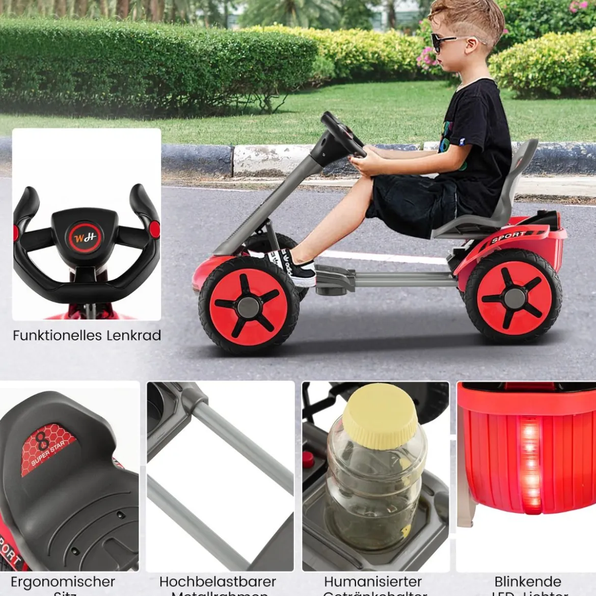 12V Kinder Elektro Gokart mit LED & 2-fach Verstellbarem Lenkrad & SitzLichter Rot