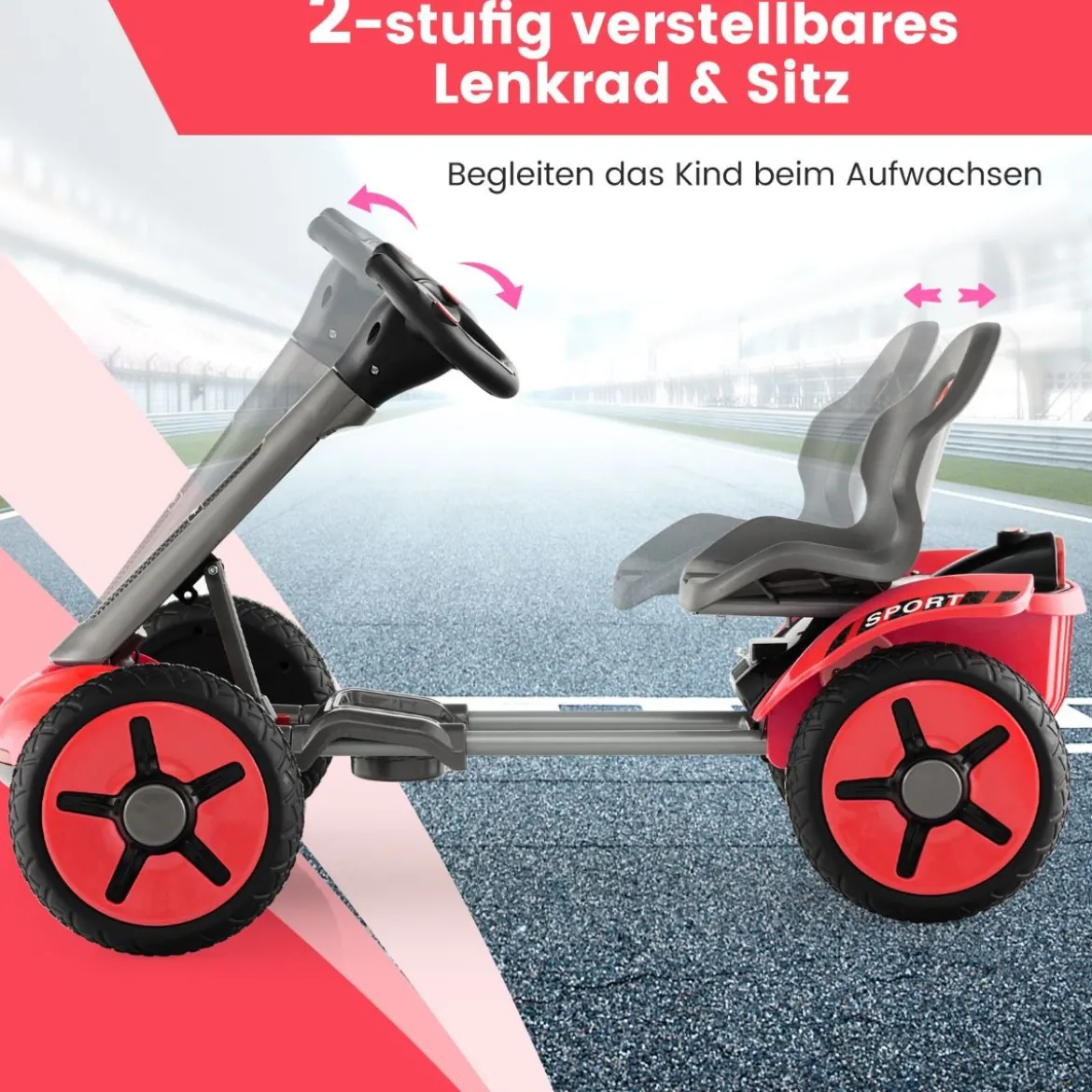 12V Kinder Elektro Gokart mit LED & 2-fach Verstellbarem Lenkrad & SitzLichter Rot