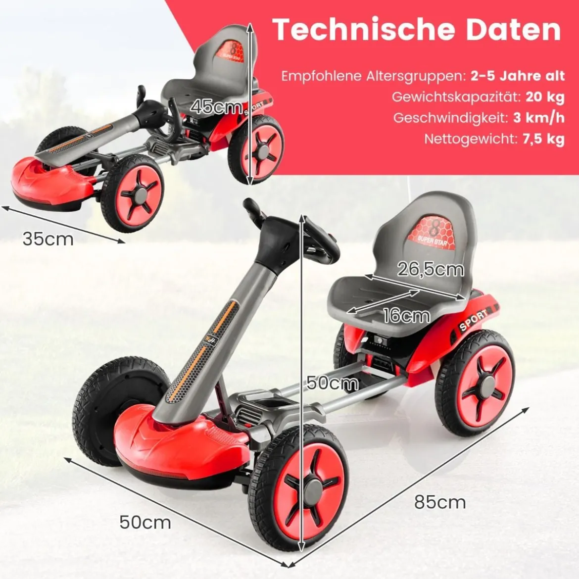 12V Kinder Elektro Gokart mit LED & 2-fach Verstellbarem Lenkrad & SitzLichter Rot