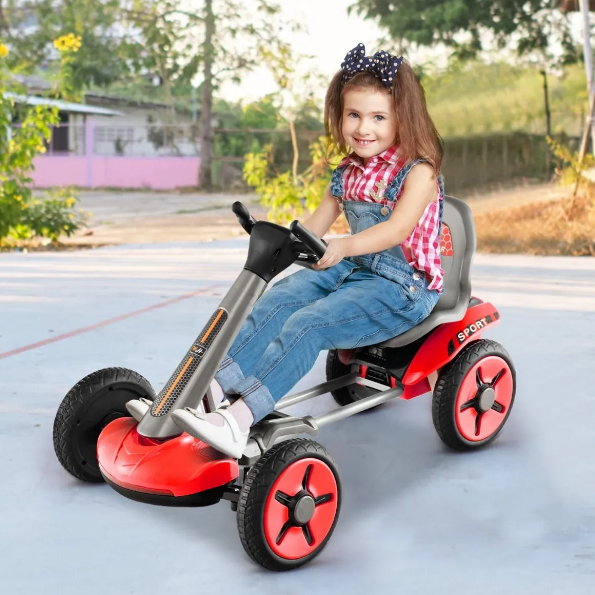 12V Kinder Elektro Gokart mit LED & 2-fach Verstellbarem Lenkrad & SitzLichter Rot