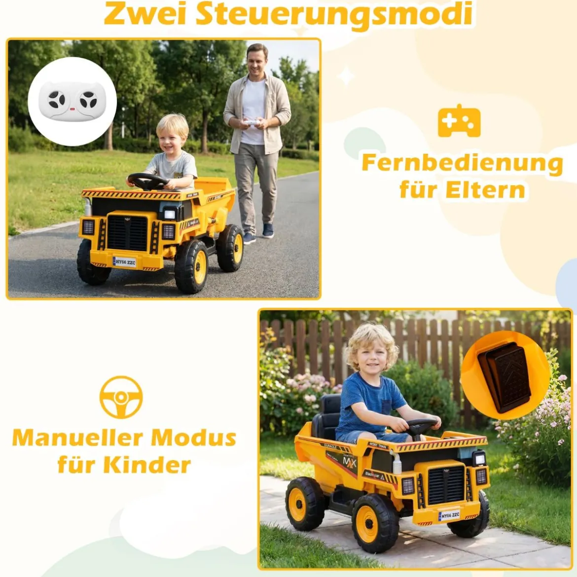 24V Kinder Elektro-Kippwagen 4-Rad Baumaschine mit Kippmulde Schaufel Fernbedienung Gelb
