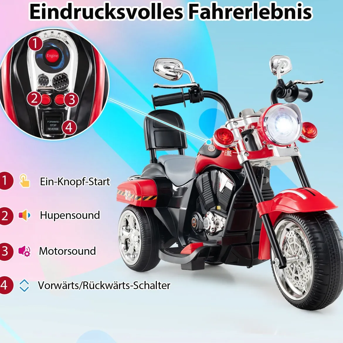 6V Kinder Elektro Motorrad mit Verstellbaren Scheinwerfer & Sound Dreirad Elektromotorrad