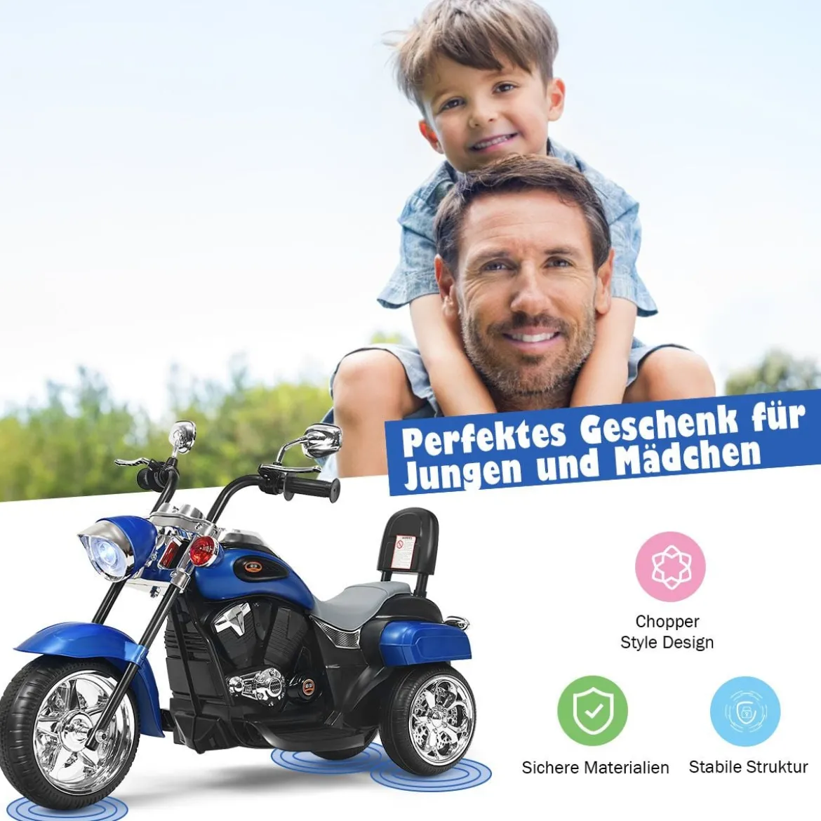 6V Kinder Elektro Motorrad mit Verstellbaren Scheinwerfer & Sound Dreirad Elektromotorrad