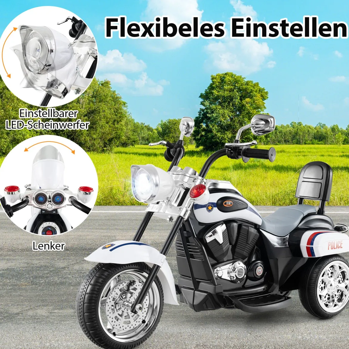 6V Kinder Elektro Motorrad mit Verstellbaren Scheinwerfer & Sound Dreirad Elektromotorrad