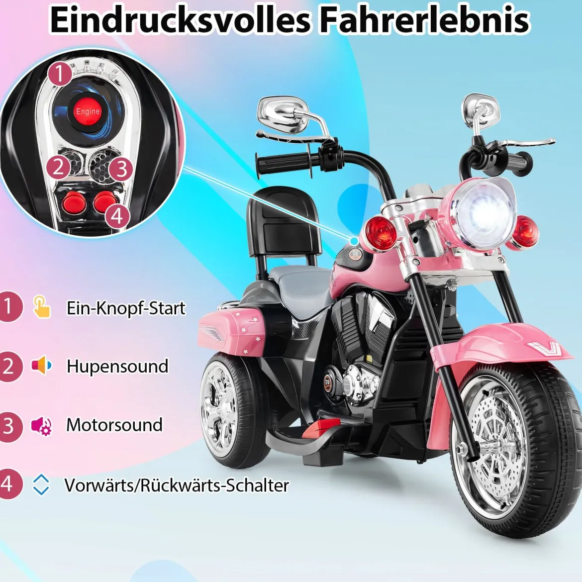 6V Kinder Elektro Motorrad mit Verstellbaren Scheinwerfer & Sound Dreirad Elektromotorrad