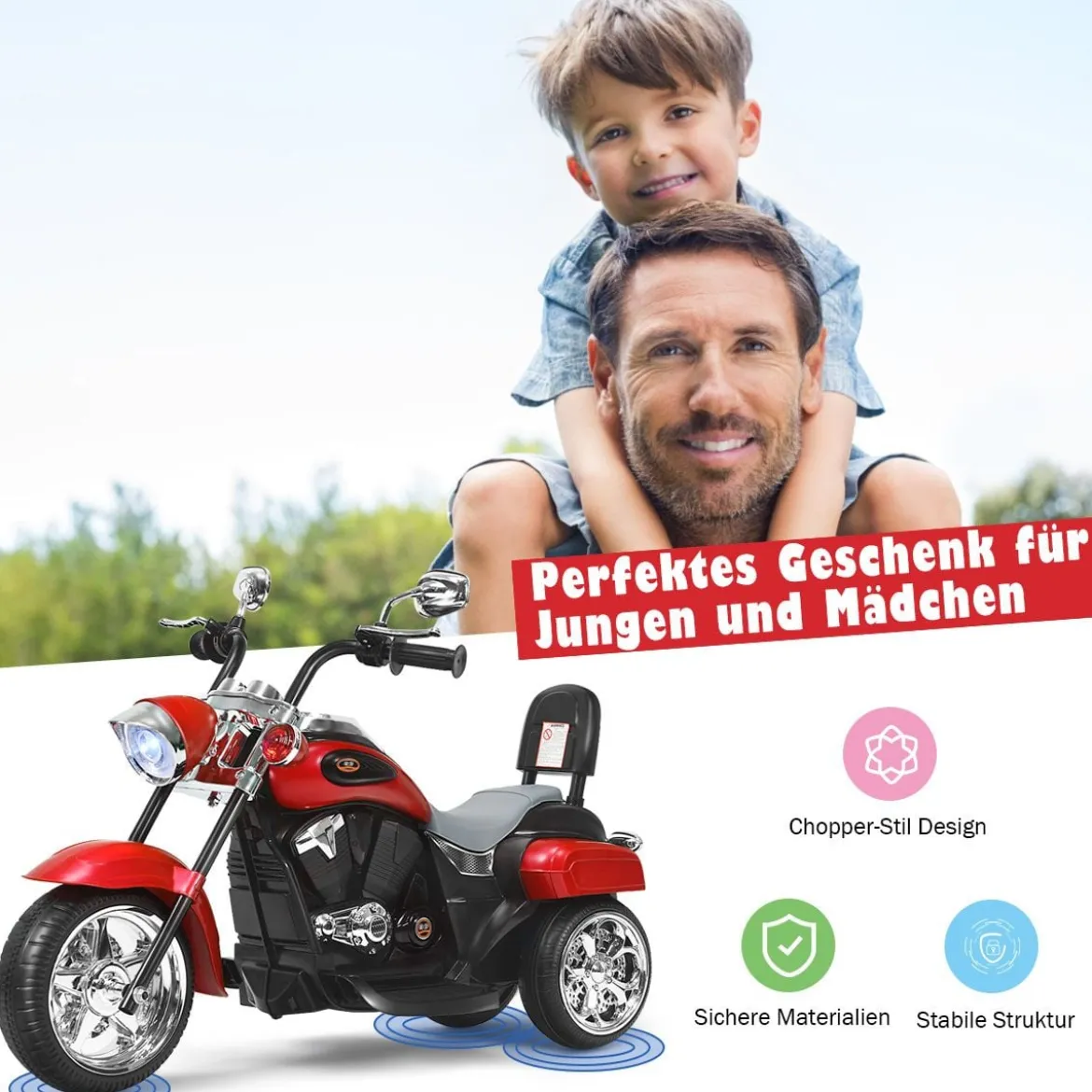 6V Kinder Elektro Motorrad mit Verstellbaren Scheinwerfer & Sound Dreirad Elektromotorrad