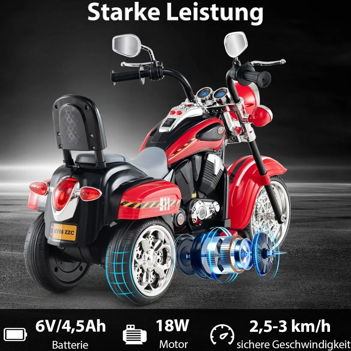 6V Kinder Elektro Motorrad mit Verstellbaren Scheinwerfer & Sound Dreirad Elektromotorrad