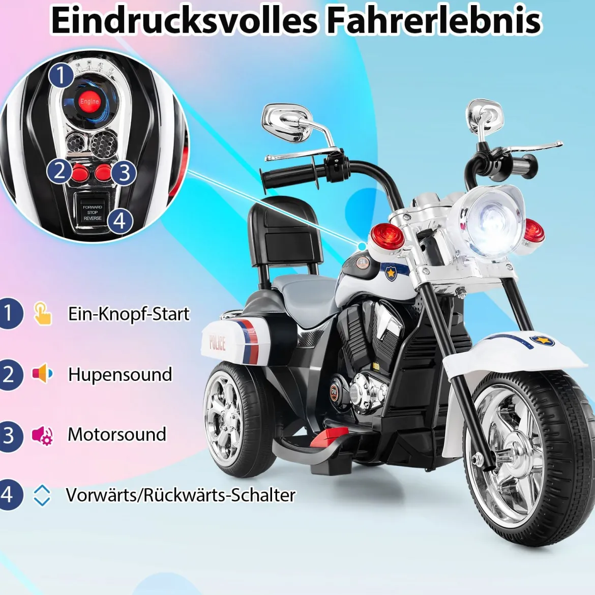 6V Kinder Elektro Motorrad mit Verstellbaren Scheinwerfer & Sound Dreirad Elektromotorrad