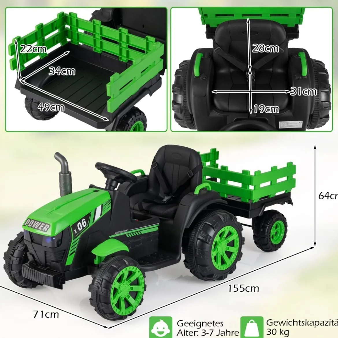 24V Kinder Elektrotraktor mit Anhänger Elektrisches Fahrzeug mit LED-Scheinwerfern Musik Grün