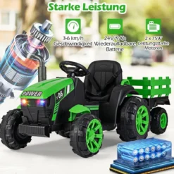 24V Kinder Elektrotraktor mit Anhänger Elektrisches Fahrzeug mit LED-Scheinwerfern Musik Grün