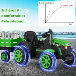 24V Kinder Elektrotraktor mit Anhänger Elektrisches Fahrzeug mit LED-Scheinwerfern Musik Grün