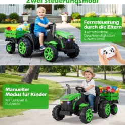24V Kinder Elektrotraktor mit Anhänger Elektrisches Fahrzeug mit LED-Scheinwerfern Musik Grün