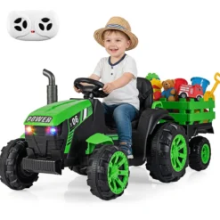 24V Kinder Elektrotraktor mit Anhänger Elektrisches Fahrzeug mit LED-Scheinwerfern Musik Grün