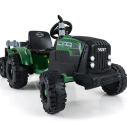 24V Kinder Elektro-Traktor mit Anhänger elektrisches Fahrzeug mit abnehmbarem Anhänger Fernbedienung Dunkelgrün