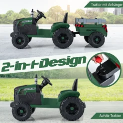 24V Kinder Elektro-Traktor mit Anhänger elektrisches Fahrzeug mit abnehmbarem Anhänger Fernbedienung Dunkelgrün