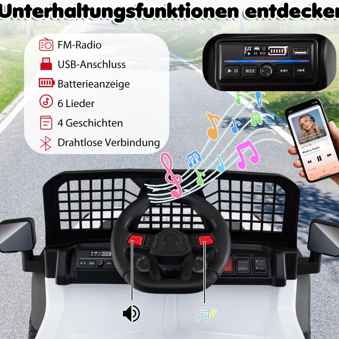 24 V Kinderfahrzeug elektrisches Kinderauto mit Fernbedienung Musik Hupe LED-Scheinwerfer Weiß/Schwarz/Rosa