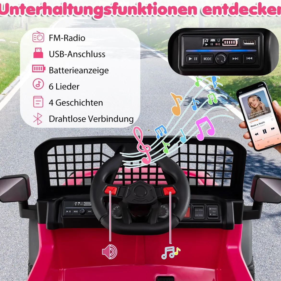 24 V Kinderfahrzeug elektrisches Kinderauto mit Fernbedienung Musik Hupe LED-Scheinwerfer Weiß/Schwarz/Rosa