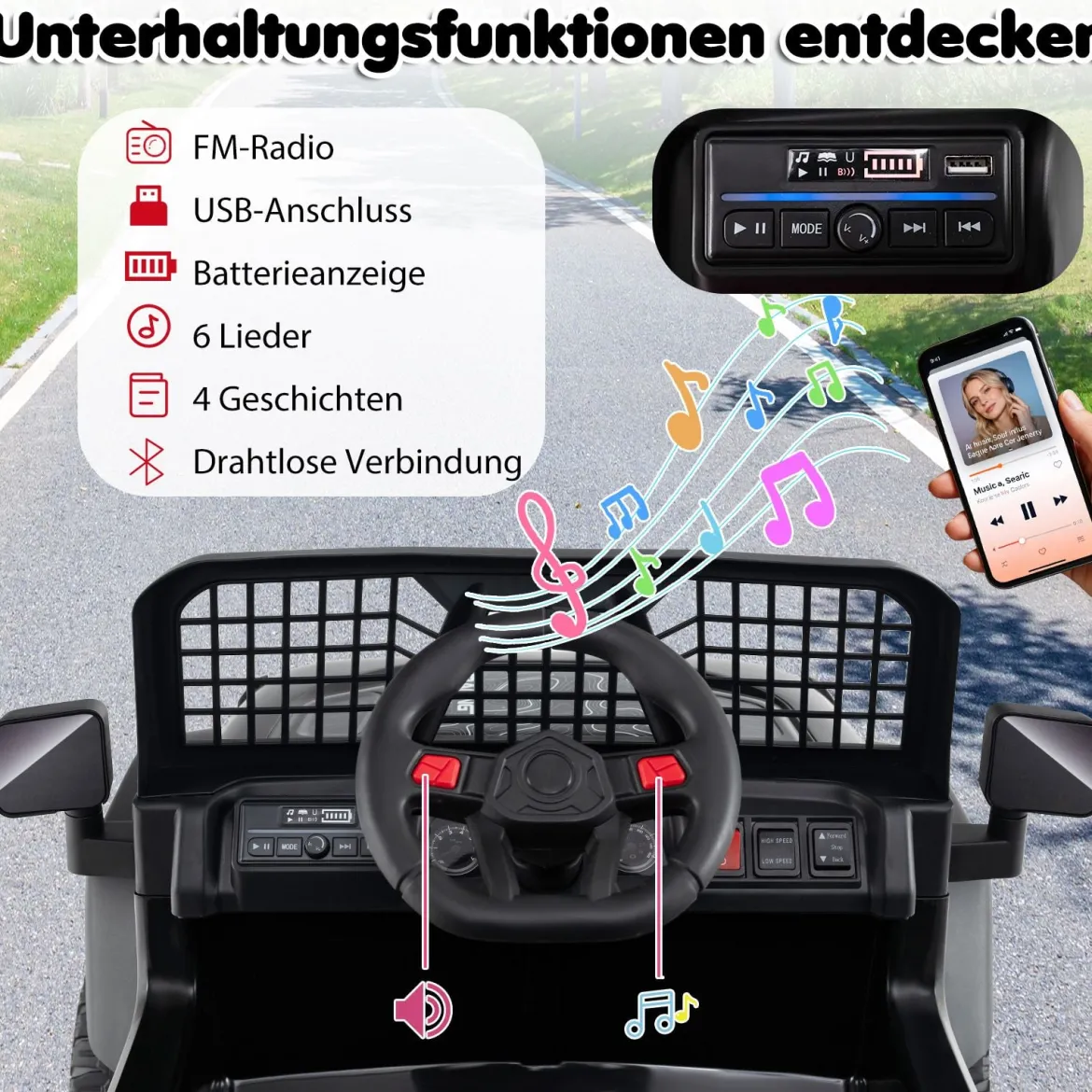 24 V Kinderfahrzeug elektrisches Kinderauto mit Fernbedienung Musik Hupe LED-Scheinwerfer Weiß/Schwarz/Rosa