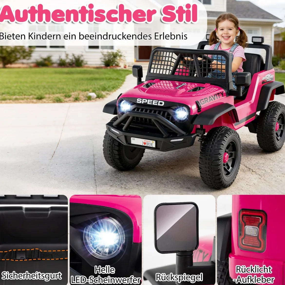 24 V Kinderfahrzeug elektrisches Kinderauto mit Fernbedienung Musik Hupe LED-Scheinwerfer Weiß/Schwarz/Rosa