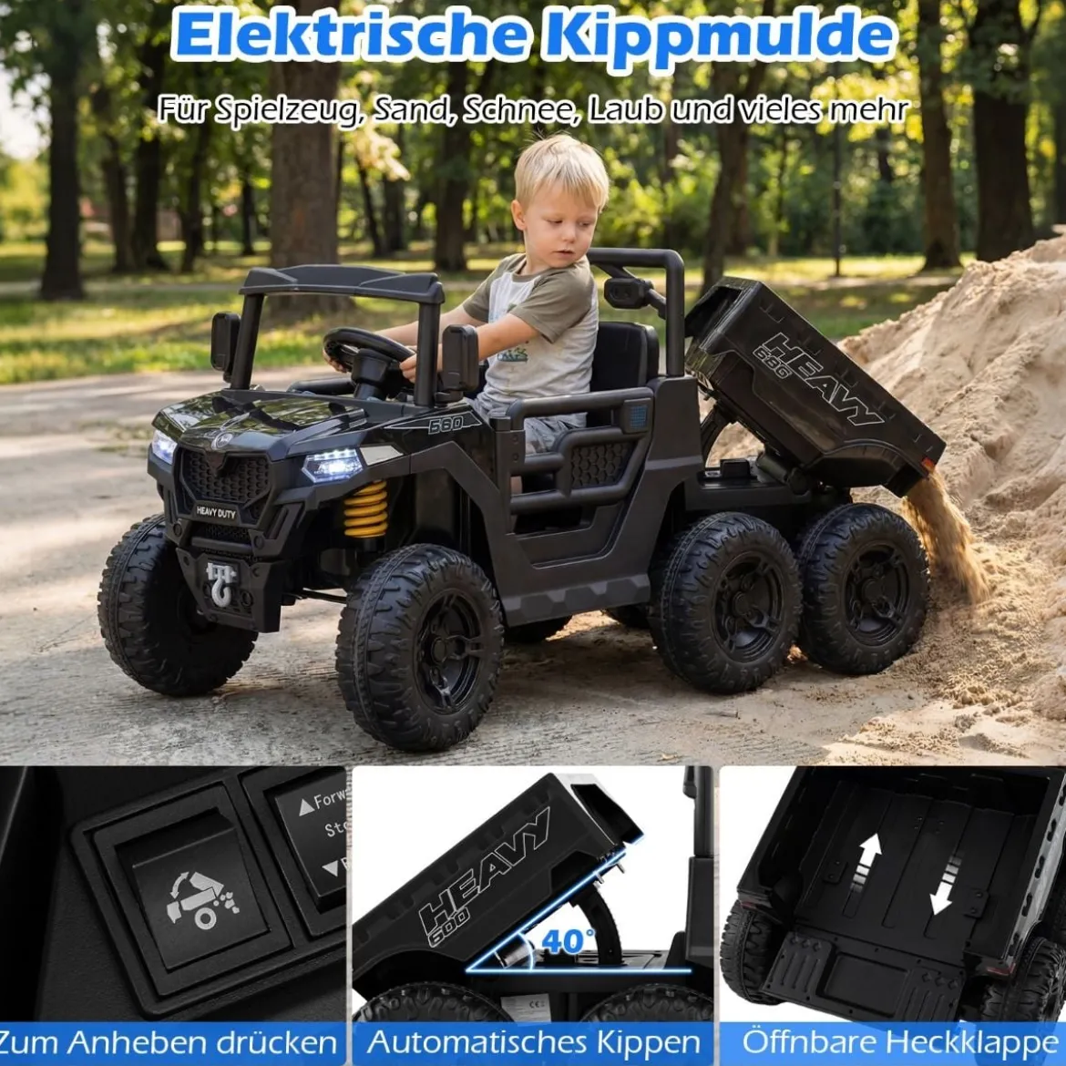 24V Kinderfahrzeug mit Elektrischem Kippbett & Fernbedienung & LED-Lichtern Kipplaster Schwarz