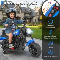 6V Kinder Motorrad Chopper-Motorrad mit Musik Scheinwerfer Fußpedal und 2 Stützrädern Marineblau