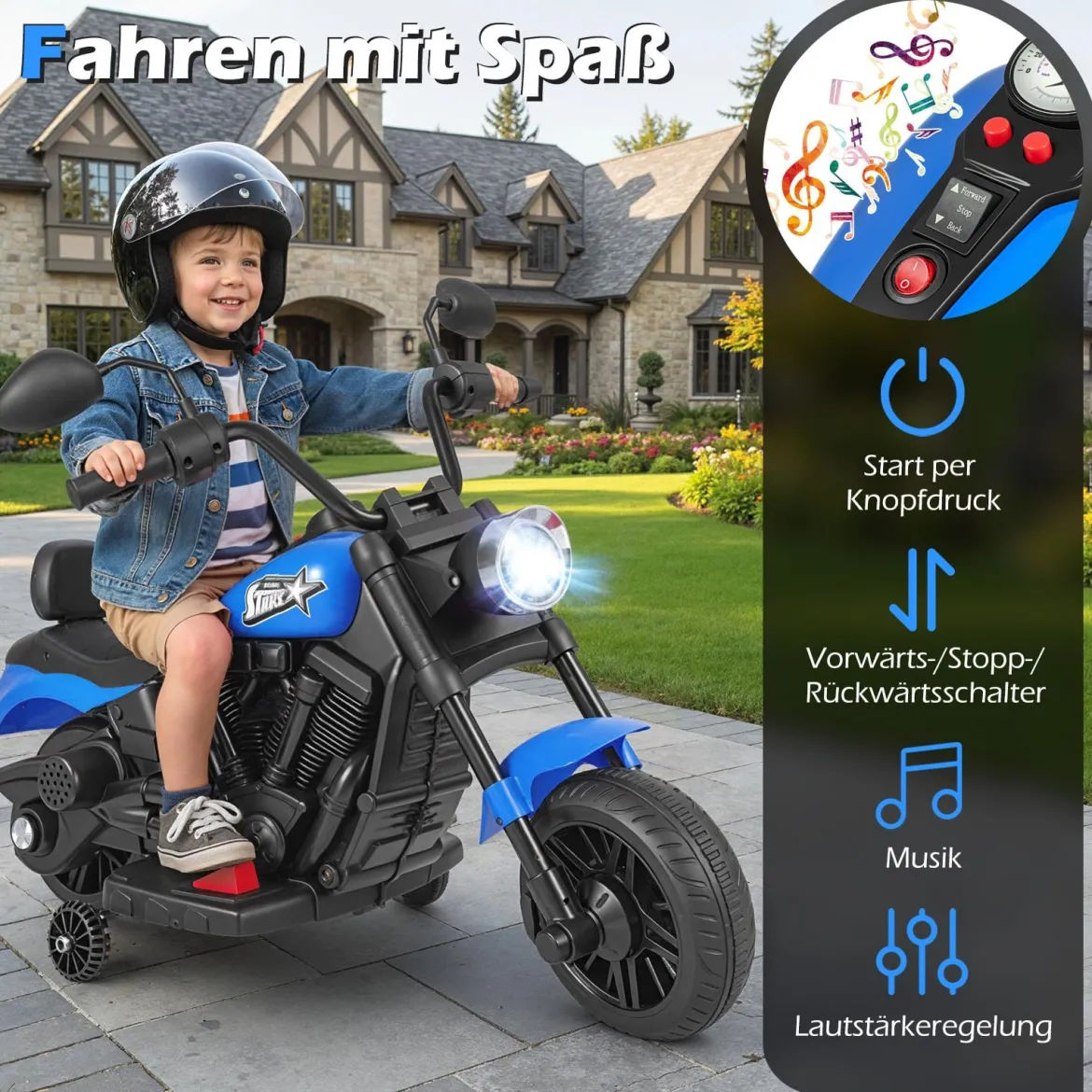6V Kinder Motorrad Chopper-Motorrad mit Musik Scheinwerfer Fußpedal und 2 Stützrädern Marineblau