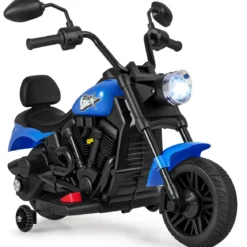 6V Kinder Motorrad Chopper-Motorrad mit Musik Scheinwerfer Fußpedal und 2 Stützrädern Marineblau