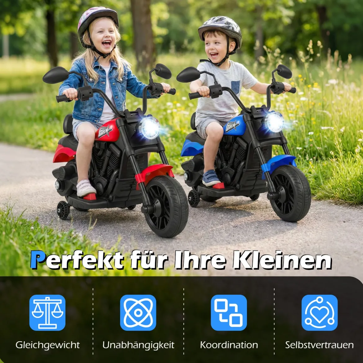 6V Kinder Motorrad Chopper-Motorrad mit Musik Scheinwerfer Fußpedal und 2 Stützrädern Marineblau