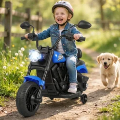 6V Kinder Motorrad Chopper-Motorrad mit Musik Scheinwerfer Fußpedal und 2 Stützrädern Marineblau