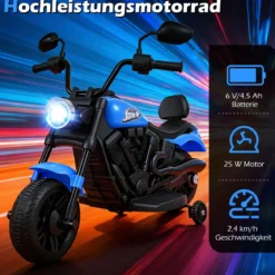 6V Kinder Motorrad Chopper-Motorrad mit Musik Scheinwerfer Fußpedal und 2 Stützrädern Marineblau