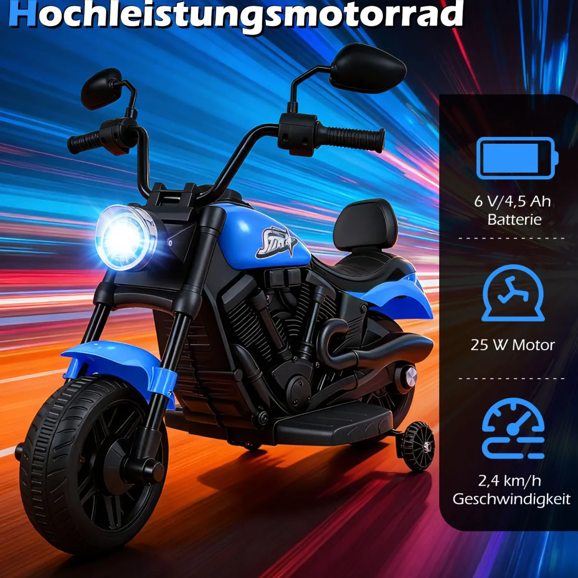 6V Kinder Motorrad Chopper-Motorrad mit Musik Scheinwerfer Fußpedal und 2 Stützrädern Marineblau