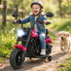 6V Kinder Motorrad Chopper-Motorrad mit Musik Scheinwerfer Fußpedal und 2 Stützrädern Rosa