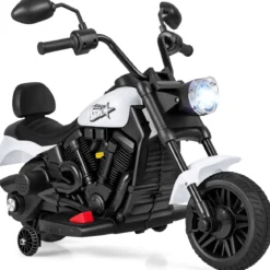 6V Kinder Motorrad Chopper-Motorrad mit Musik, Scheinwerfer Fußpedal und 2 Stützrädern Weiß