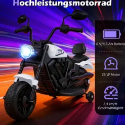 6V Kinder Motorrad Chopper-Motorrad mit Musik, Scheinwerfer Fußpedal und 2 Stützrädern Weiß