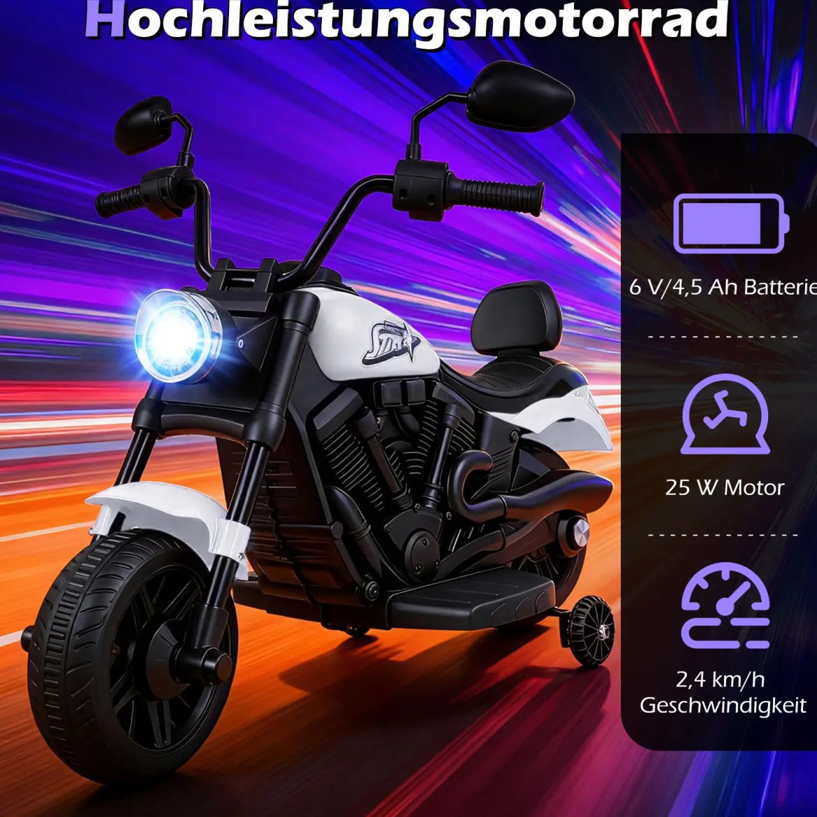 6V Kinder Motorrad Chopper-Motorrad mit Musik, Scheinwerfer Fußpedal und 2 Stützrädern Weiß