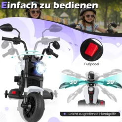 6V Kinder Motorrad Chopper-Motorrad mit Musik, Scheinwerfer Fußpedal und 2 Stützrädern Weiß