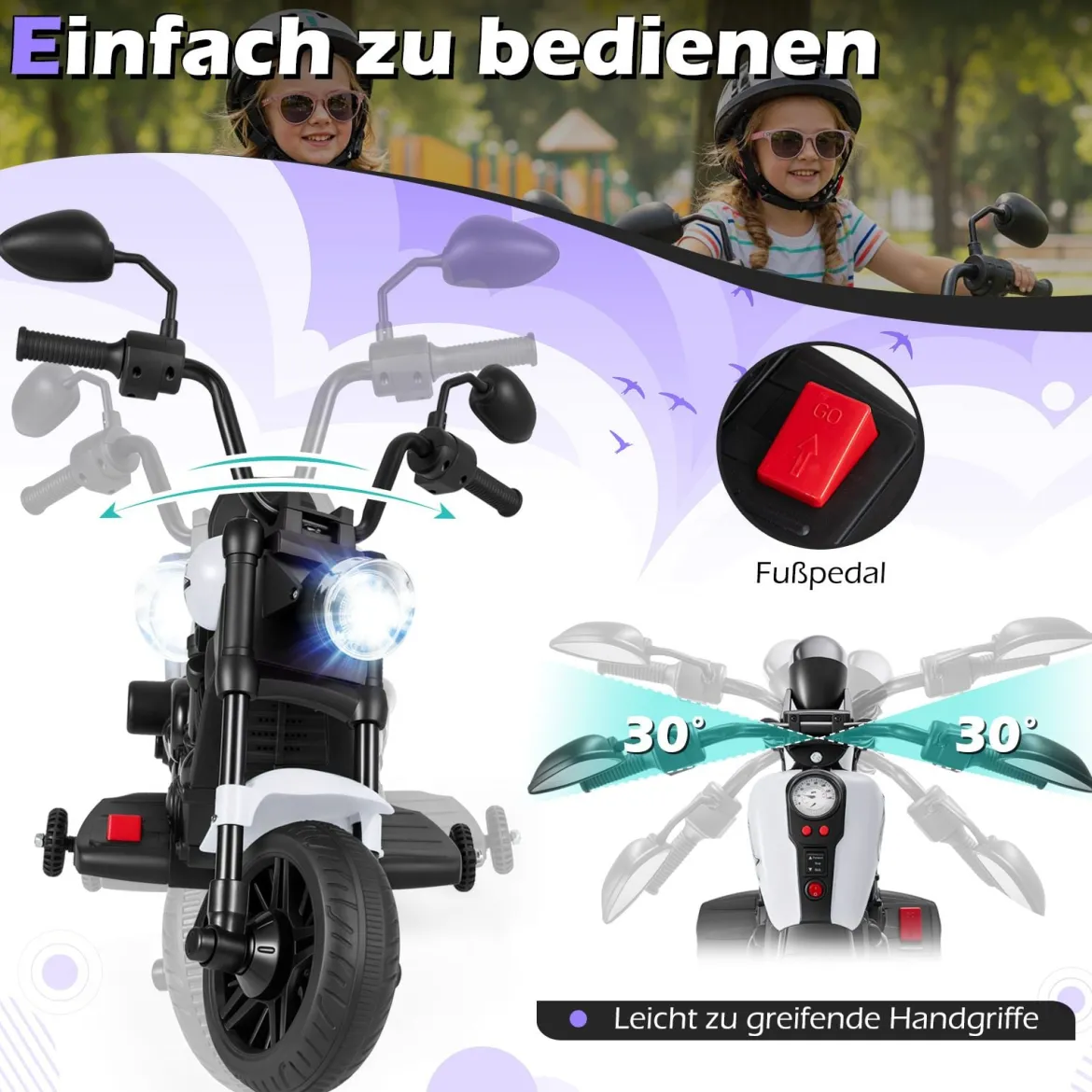 6V Kinder Motorrad Chopper-Motorrad mit Musik, Scheinwerfer Fußpedal und 2 Stützrädern Weiß