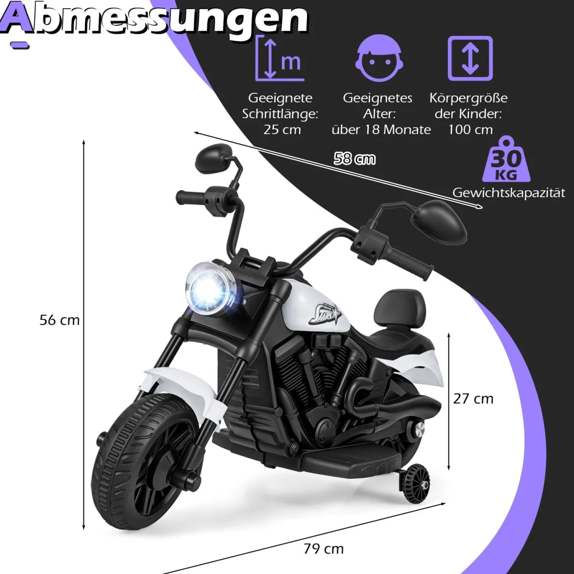 6V Kinder Motorrad Chopper-Motorrad mit Musik, Scheinwerfer Fußpedal und 2 Stützrädern Weiß