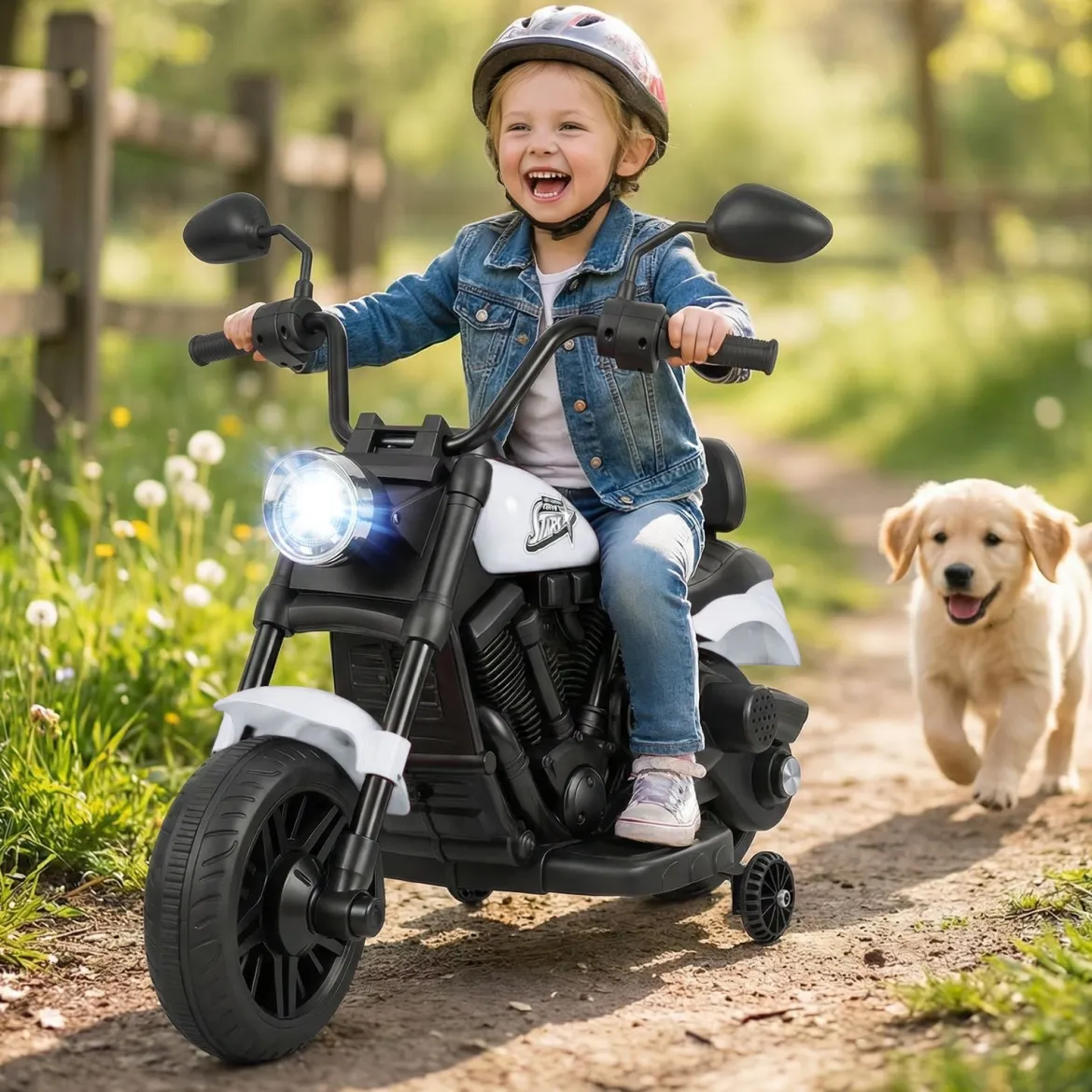 6V Kinder Motorrad Chopper-Motorrad mit Musik, Scheinwerfer Fußpedal und 2 Stützrädern Weiß
